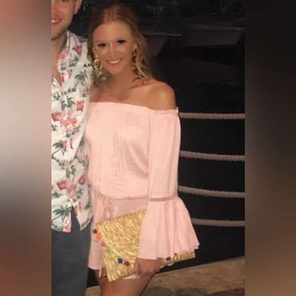 Pink Off The Shoulder, Flowy Sleeve Romper - Picture 5 of 5